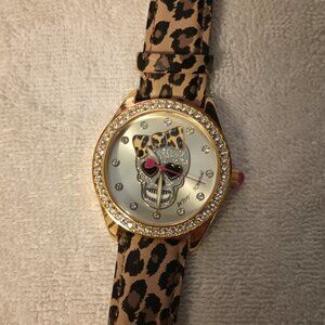 Betsy Johnson Leopardskin Crystal Skull Watch